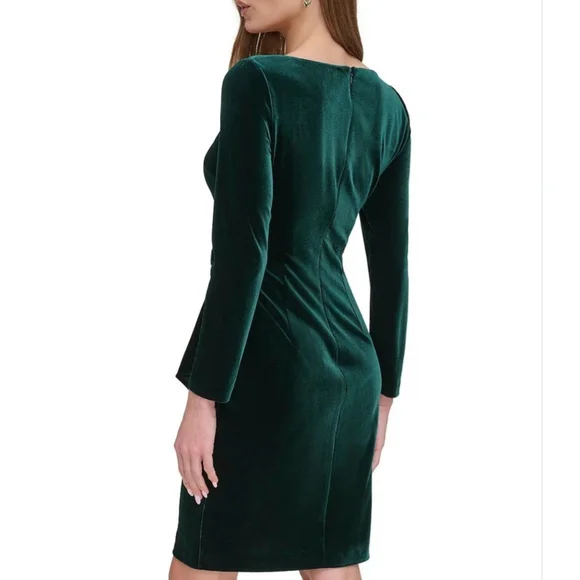 NWOT DKNY Long Sleeve Ruched Bodice Faux Wrap Velvet Midi Dress:Hunter Green: 16 - Picture 2 of 13